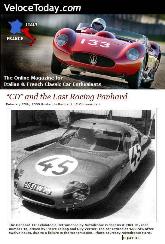 The American specialised website VELOCE TODAY has featured the CD Panhard 
